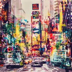 Time Square by Paco Raphael - Original Glazed Mixed Media on Aluminium sized 39x39 inches. Available from Whitewall Galleries